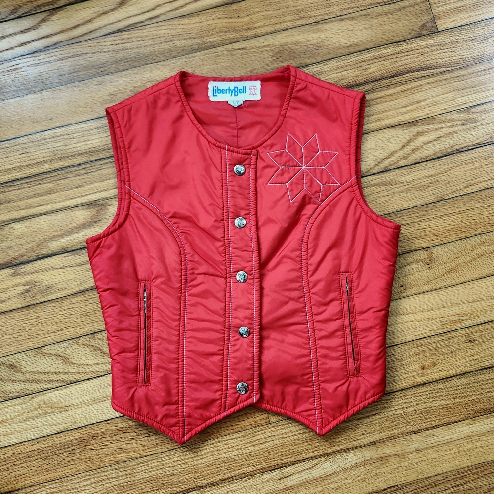 Vintage 1970s 1980s Liberty Bell Embroidered Red Quilted Puffer Ski Vest